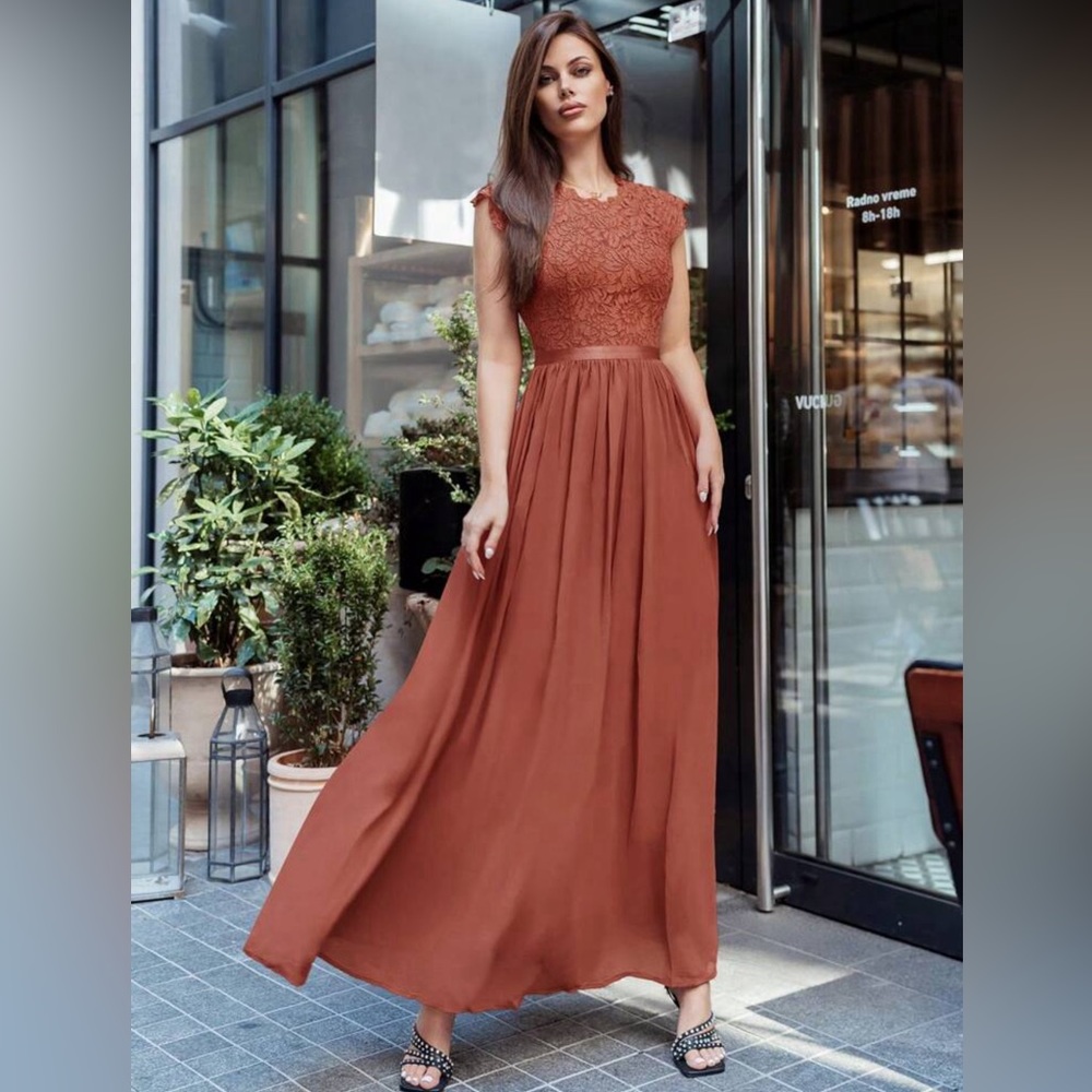 Rust Brown Chiffon Ribbon Waist Maxi Formal Dress